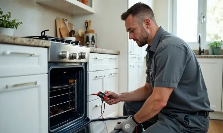 فني صيانة طباخات وبوتوغاز يفحص فرن الغاز داخل مطبخ منزلي في العاصمة الكويتية.